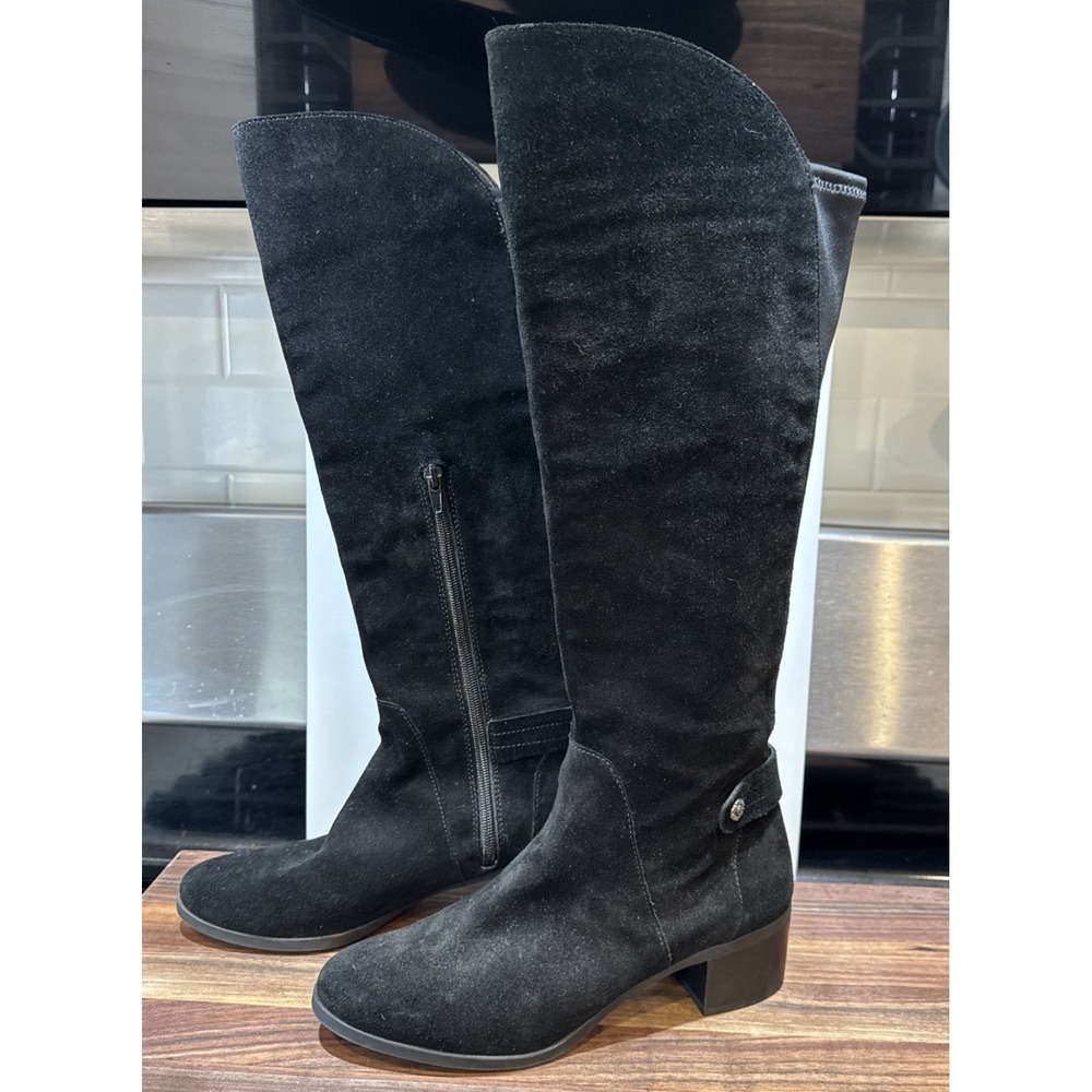 Anne‎ Klein Black Suede Jela Knee High Boot Sz 8.5 Block Heel iFlex Elastic Calf